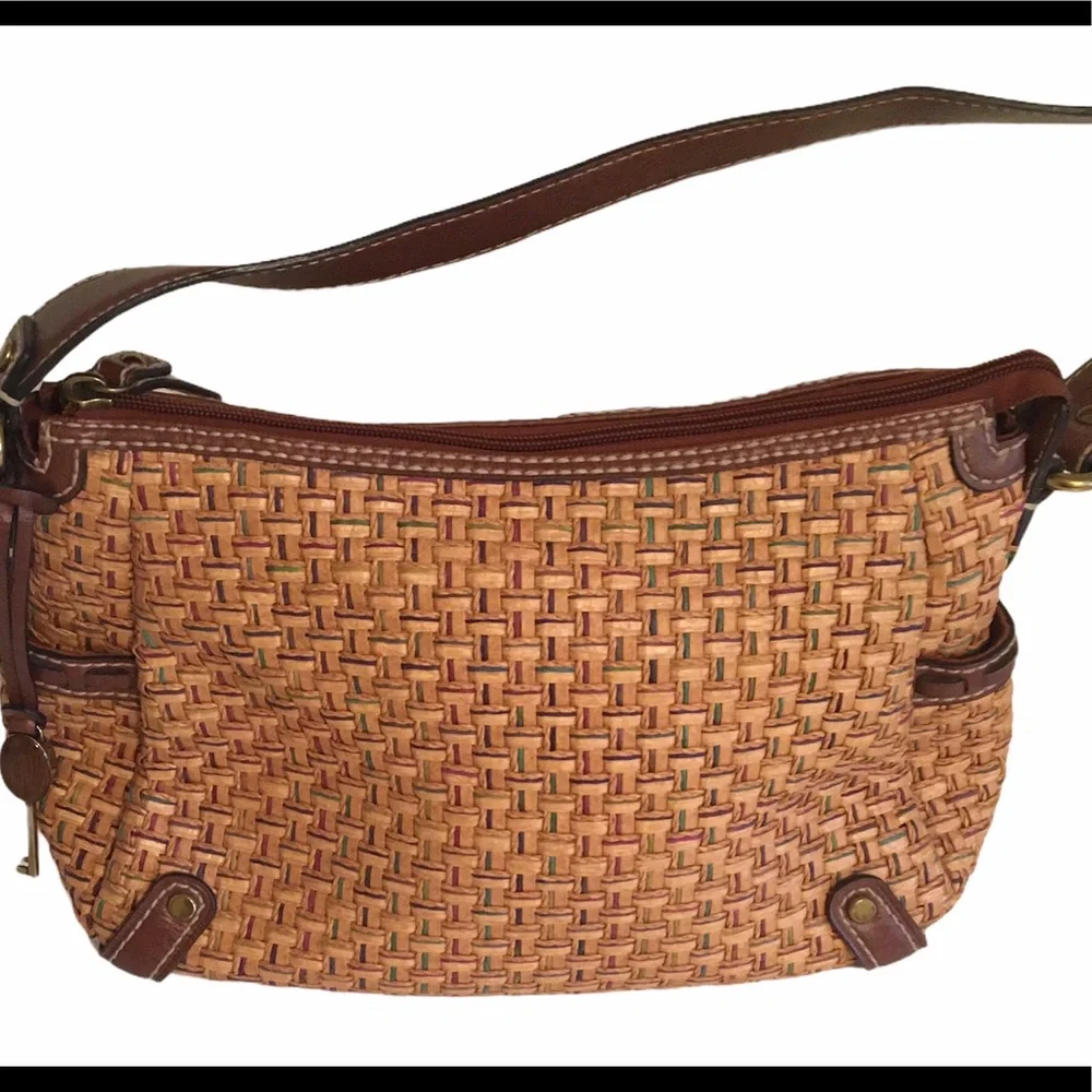 Fossil Vintage Straw Leather Satchel with Key